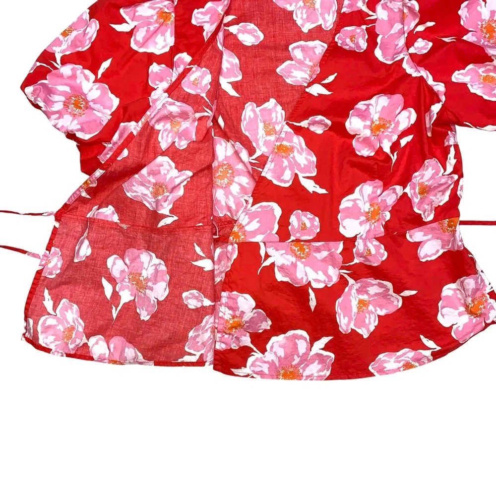 Old Navy Floral Wrap Blouse Puff Sleeves Large Red Cotton Lightweight V Neck